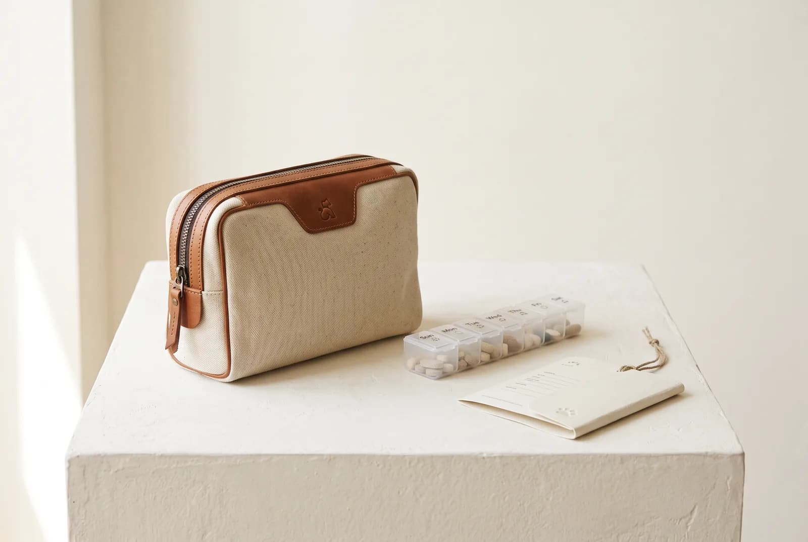 Canvas travel pouch, medication organizer, and emergency card on an ivory plinth