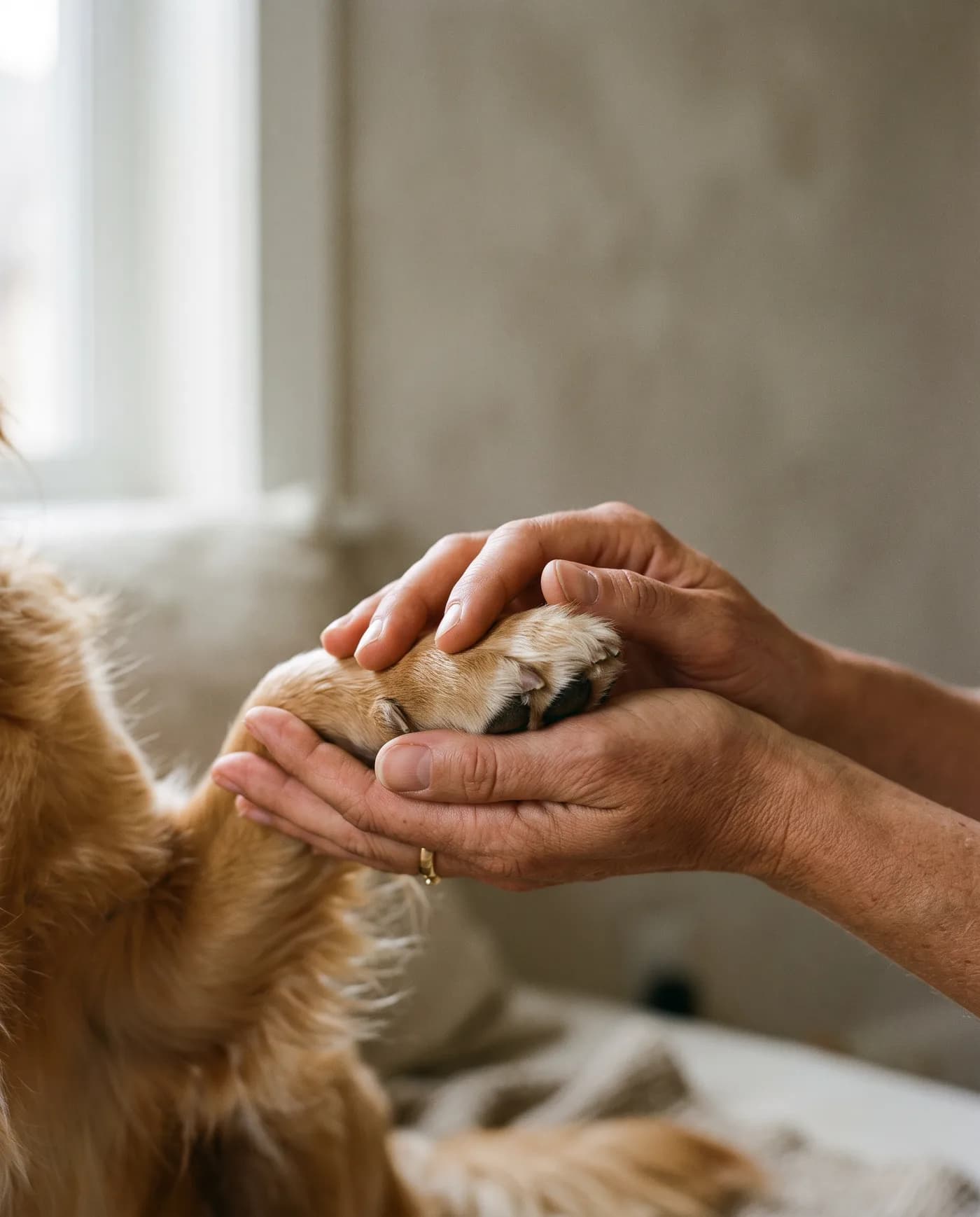 A person gently holding a dog's paw