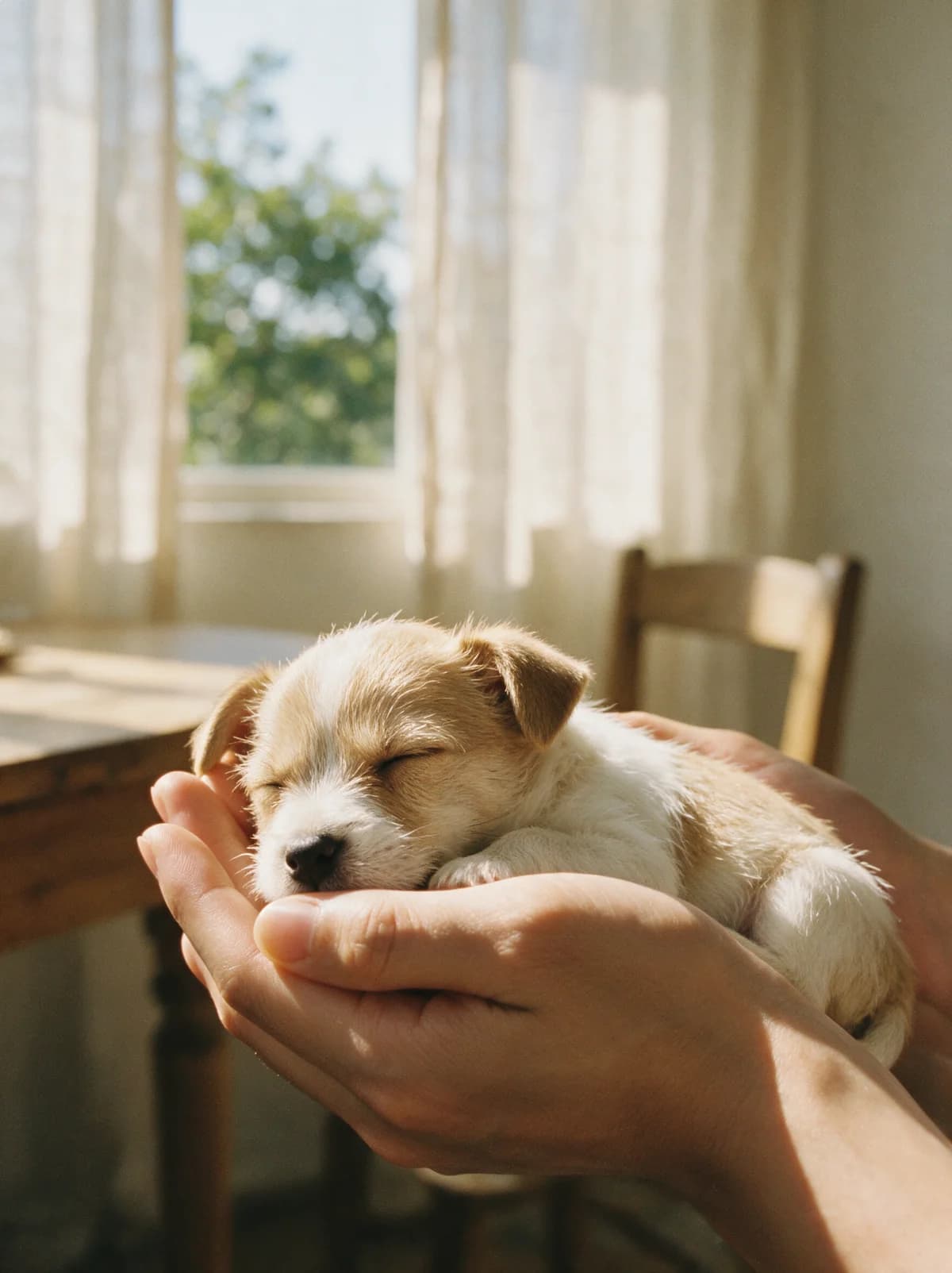 A tiny terrier puppy resting in caring hands