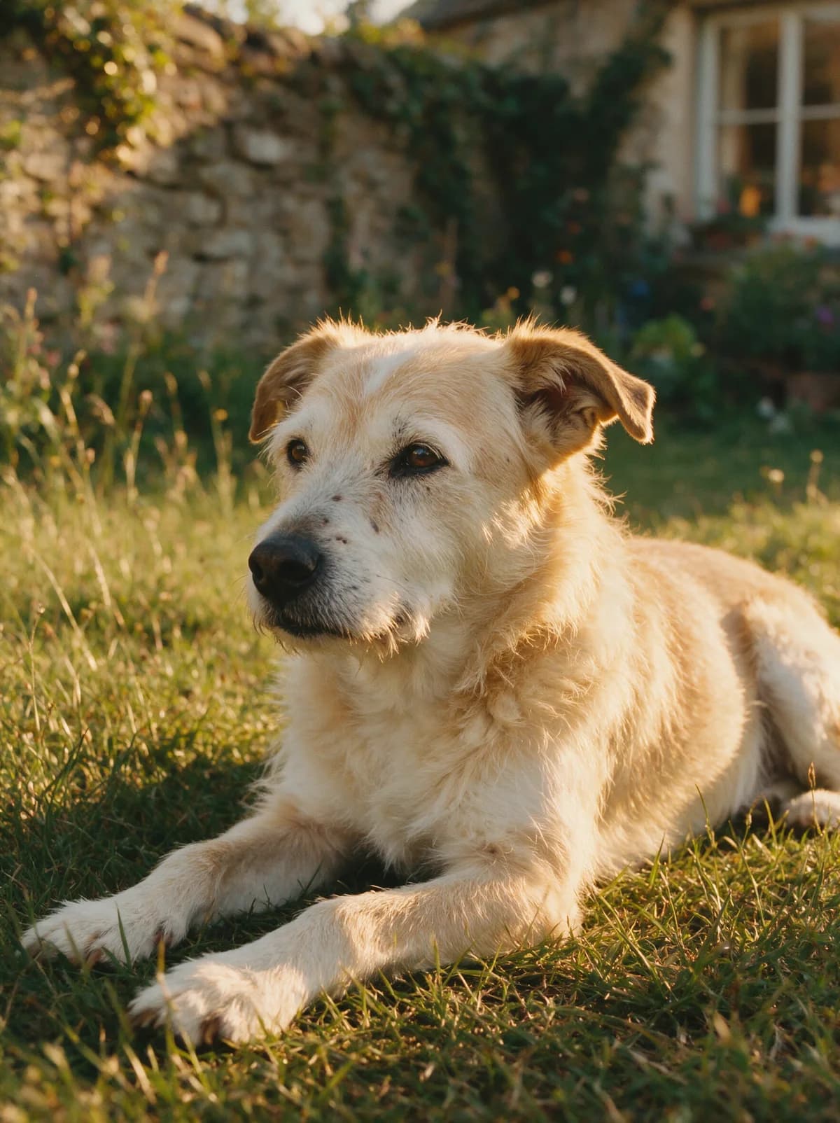 A senior terrier resting in warm light