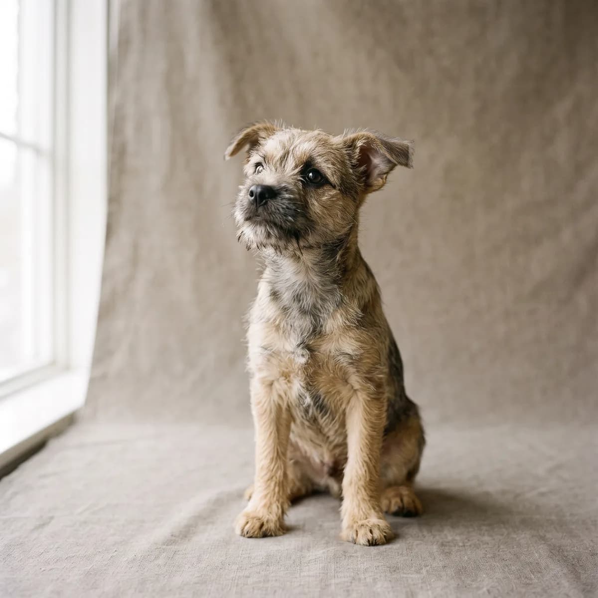 A scruffy terrier puppy looking up curiously on a linen studio backdrop